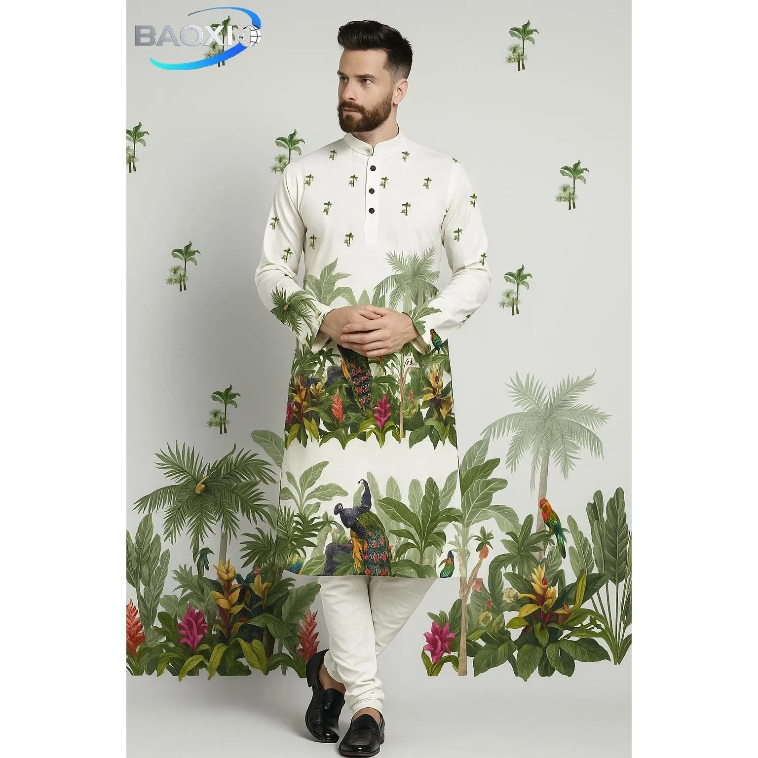 عباية عربية إسلامية للرجال رداء عرقي مطبوع بياقة واقفة قميص شبابي متوسط الطول معطف فاخر غير رسمي المغرب Tenue Arabe Homme #1