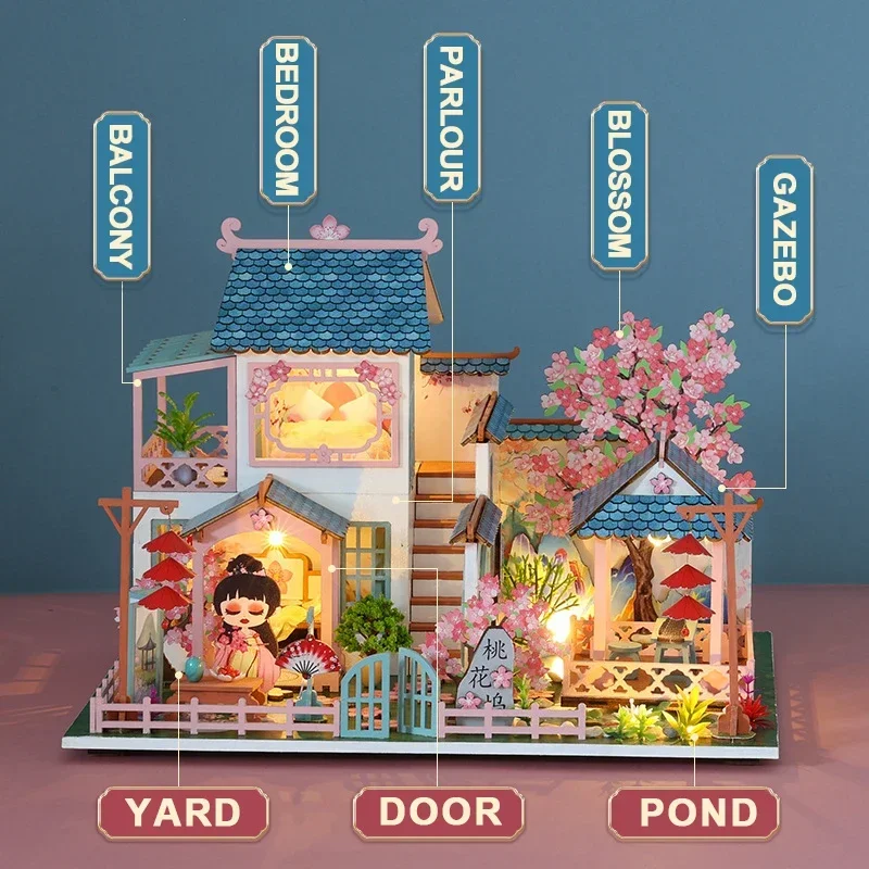 

Chinese Courtyard Cottage House Retro DIY Wooden Figurines Miniature Kits With Furniture Home Decoration For Adult Handmade Gift