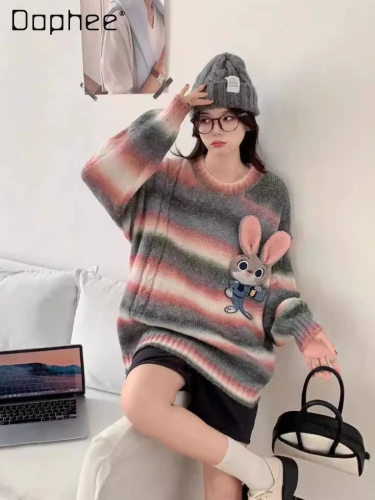 

3d Rabbit Pullover Sweater for Women Autumn and Winter Wear 2024 New Retro Striped Round Neck Cartoon Knitted Sweater