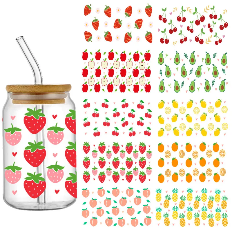 3D Fruit Strawberry Cherry 16OZ UV DTF Cup Wraps Transfer Sticker For Glass Libbey Can Bottle Selfadhesive Washable DIY Custom