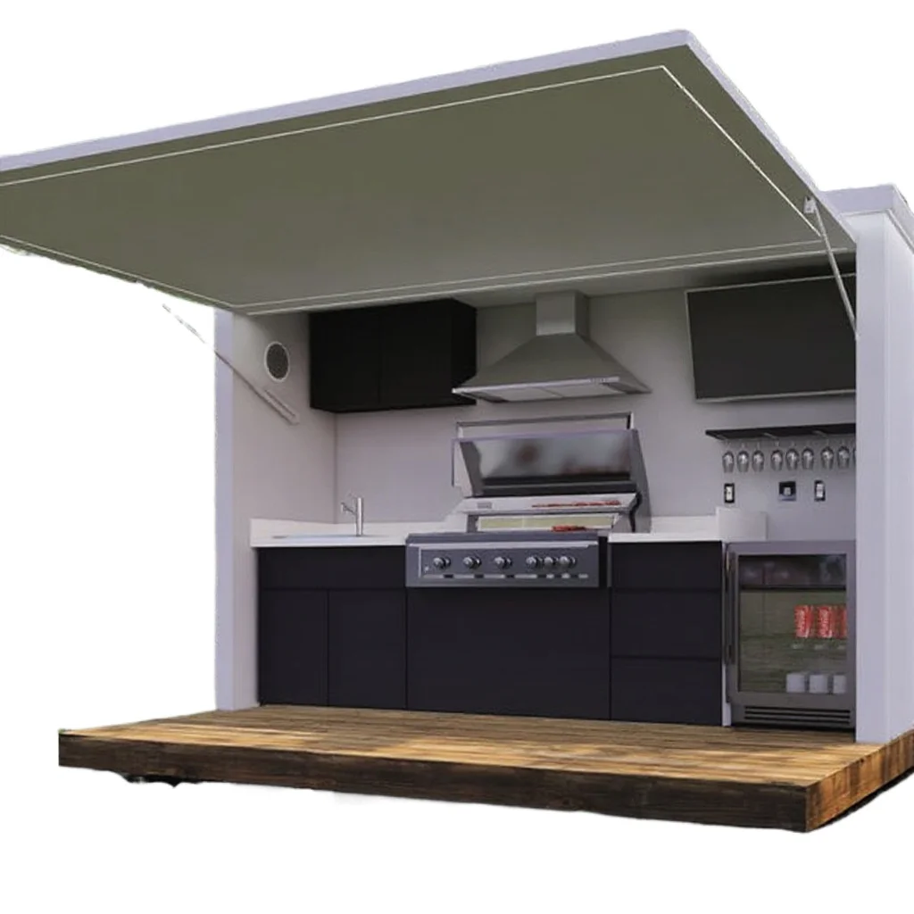 Modern black outdoor kitchen with shed, grill and refrigerator.