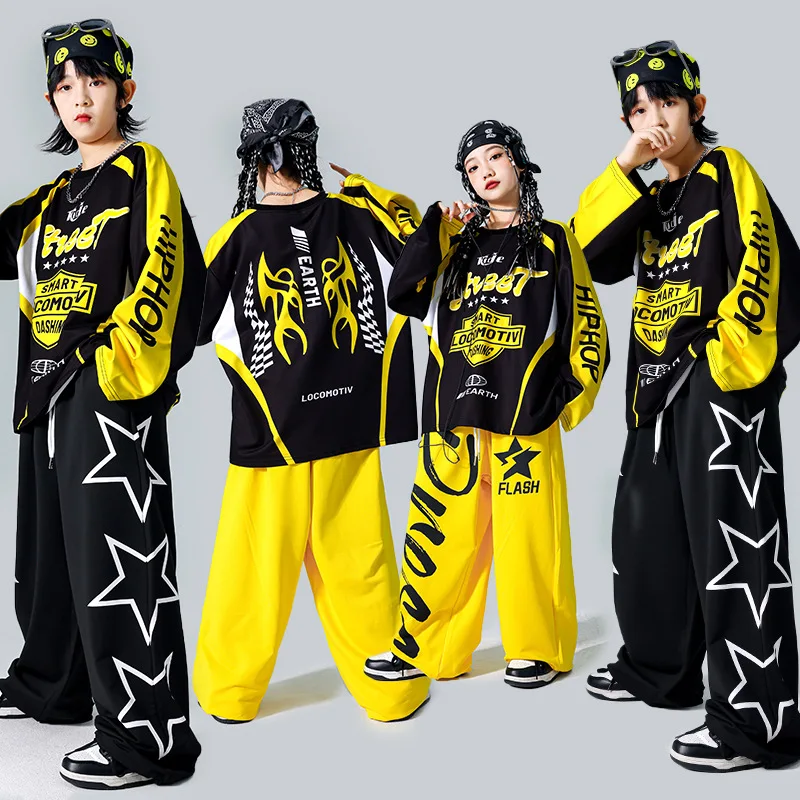 Kid Hip Hop Clothing Black Print Sweatshirt Yellow Casual Star Sweat Jogger Pants for Girl Boy Jazz Dance Costumes Clothes Set