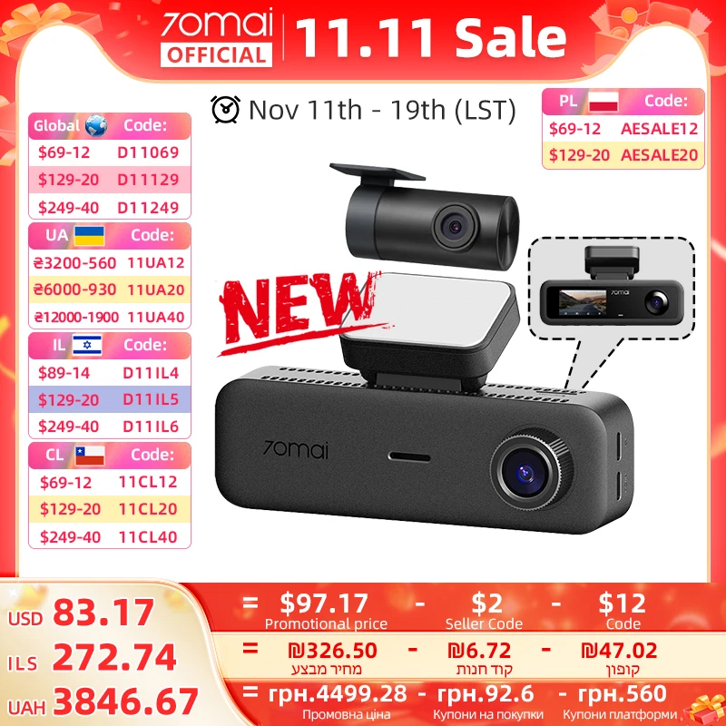 70mai t800e 3-Channel Front 4k + rear 1080p + interior 1080p HDR supercapacity GPS WiFi 6 70mai t800e dash cam voice control