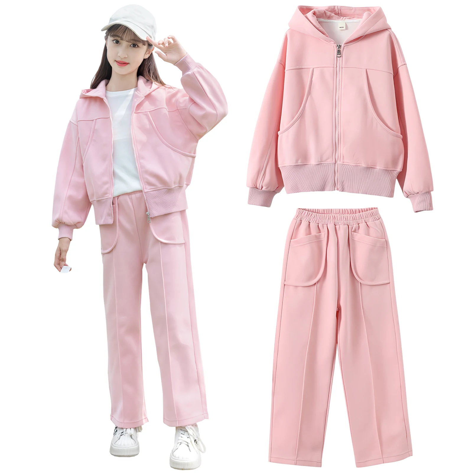 

Fashion Girls Sweater Set Hooded Long Sleeve Coat with Pants Pockets Zipper Jacket Casual Tracksuits for Jogging Outdoor Sports