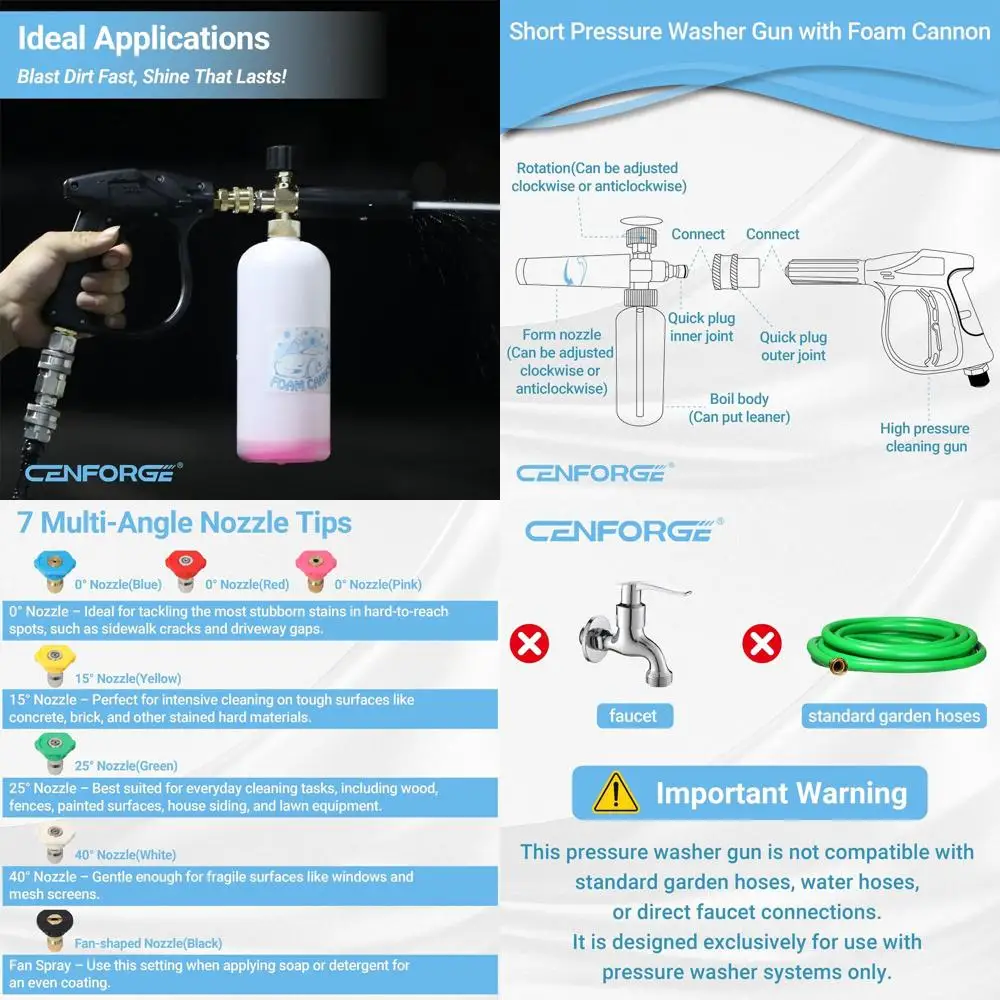 

Short Pressure Washer Gun with Foam Cannon, Soap Gun for Pressure Washer, 1/4 Inch Quick Connector, with 7 Nozzle Tips, Containe