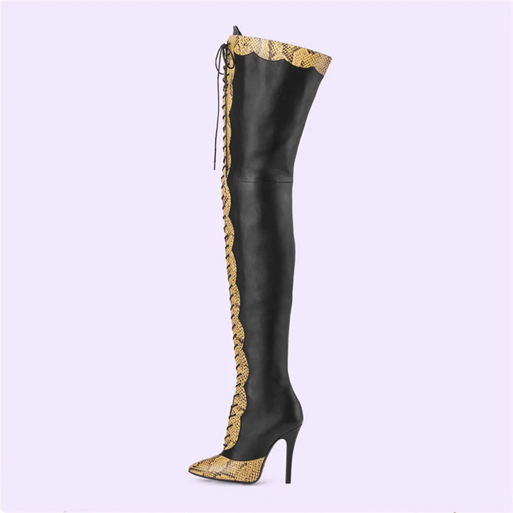 Sexy Snake Print Point-Toe Lace-Up Thigh Boots Woman Winter 2023 Mixed Colors Stiletto Over-The-Knee Boots Fashion Shoes