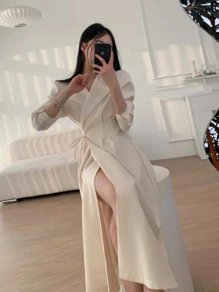 Setelan Ringan Dr Wanita Musim Gugur Musim Dingin Gaun Panjang Model A-Line Pinggang Tinggi Sepanjang Lutut Gaya Korea Sle