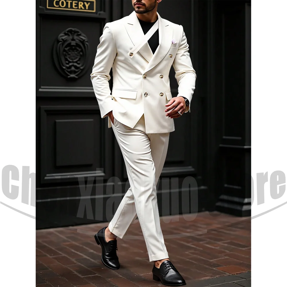 

Men's White Double Breasted Suit Set Slim Blazer and Trousers Elegant Outfits for Wedding Business Casual 2 Piece Male Suit