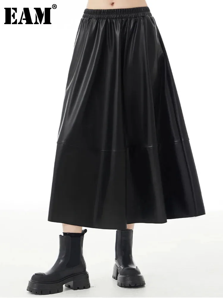 

[EAM] High Elastic Waist Black Pu Leather Casual A-line Half-body Skirt Women Fashion Tide New Spring Autumn 2024 1DH1771