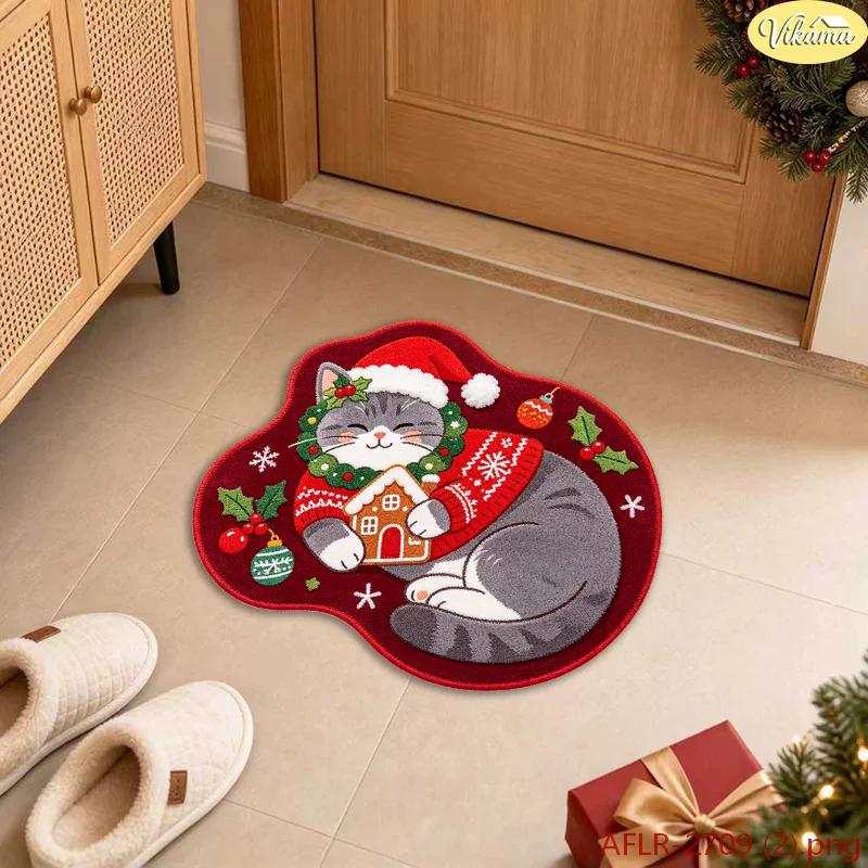 VIKAMA Grey Cat Sweater Christmas Rug Irregular Shape Doormat Gingerbread House Kitchen Floor Mat Non Slip Soft Decor Home