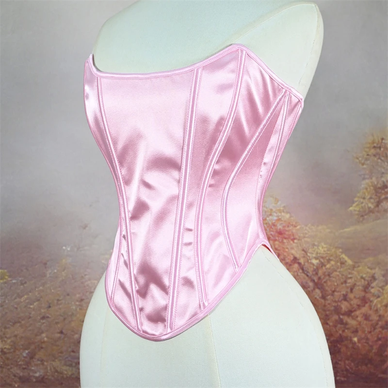 Womens Corset Satin Sexy Plus Size Bustier Strapless Crop Tops Gothic Lace Up Boned Gorset Top Shapewear Clubwear Party Corselet view 2