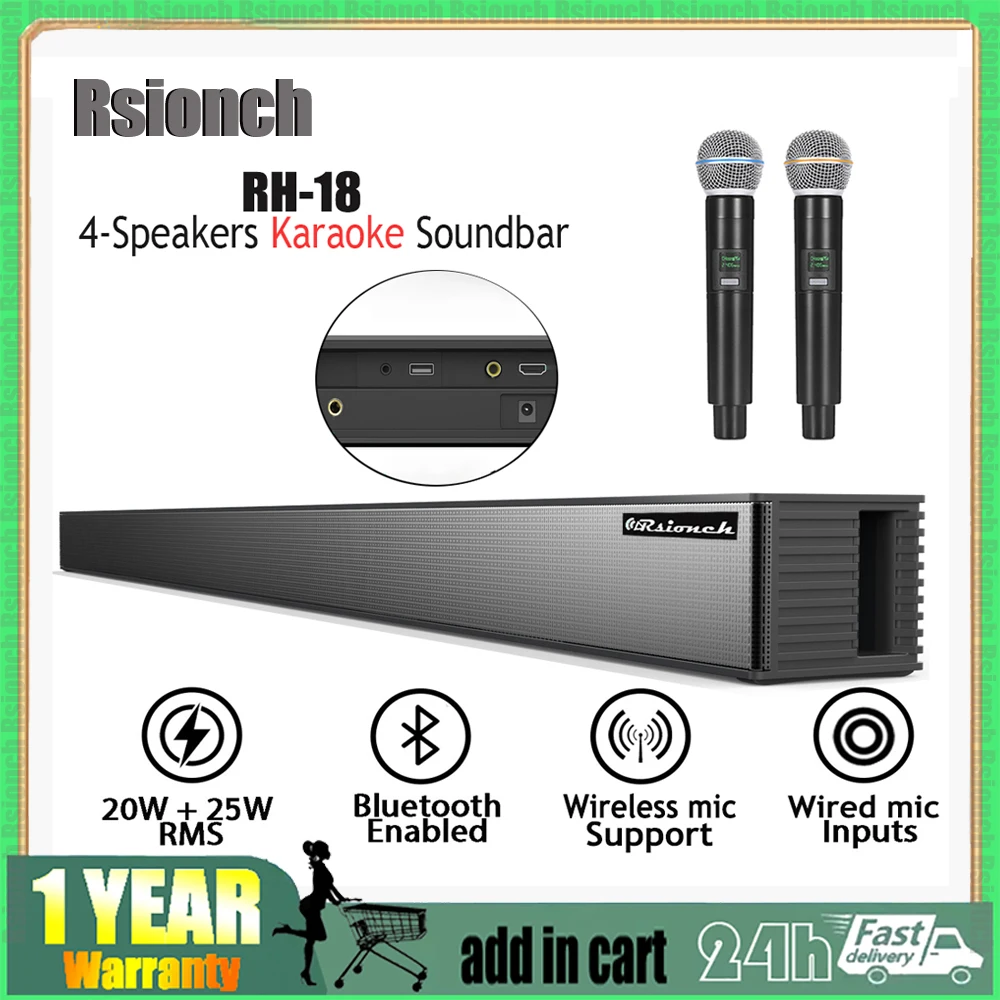 

Rsionch Karaoke Soundbar with Wireless Microphones 60W Bluetooth Speaker Home Theater Sound Bar for TV Laptop Projector