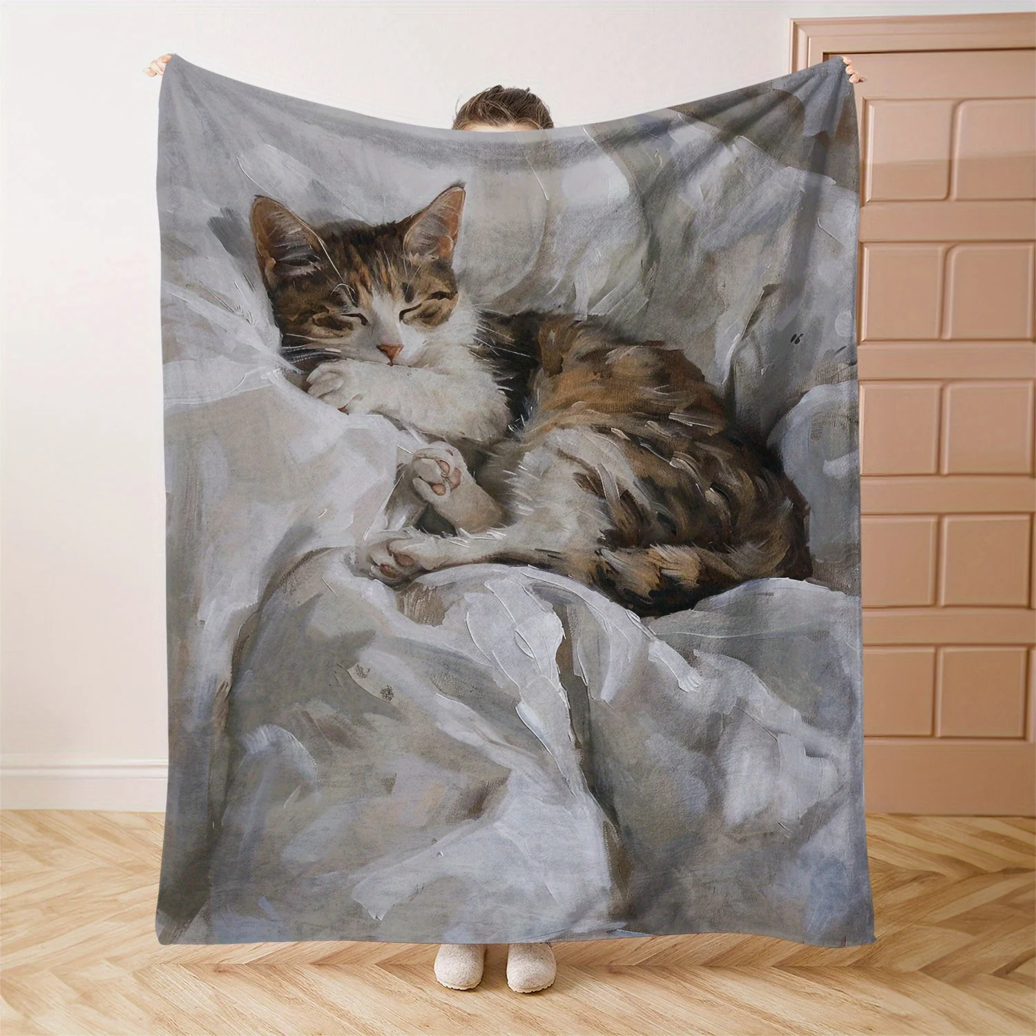Luxury Soft Flannel Cat Blanket - Tabby Calico Kitten Print Brown White Grey- Lightweight All-Season Polyester Bedspread for
