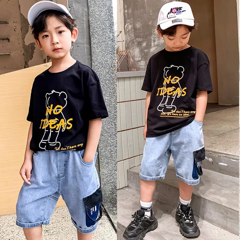 For 4-14T Sets Boys Clothing Summer 2023 New Fashion Casual Cartoon O-Neck Short Sleeve Top & Jeans 2 Pieces Teenager Clothes