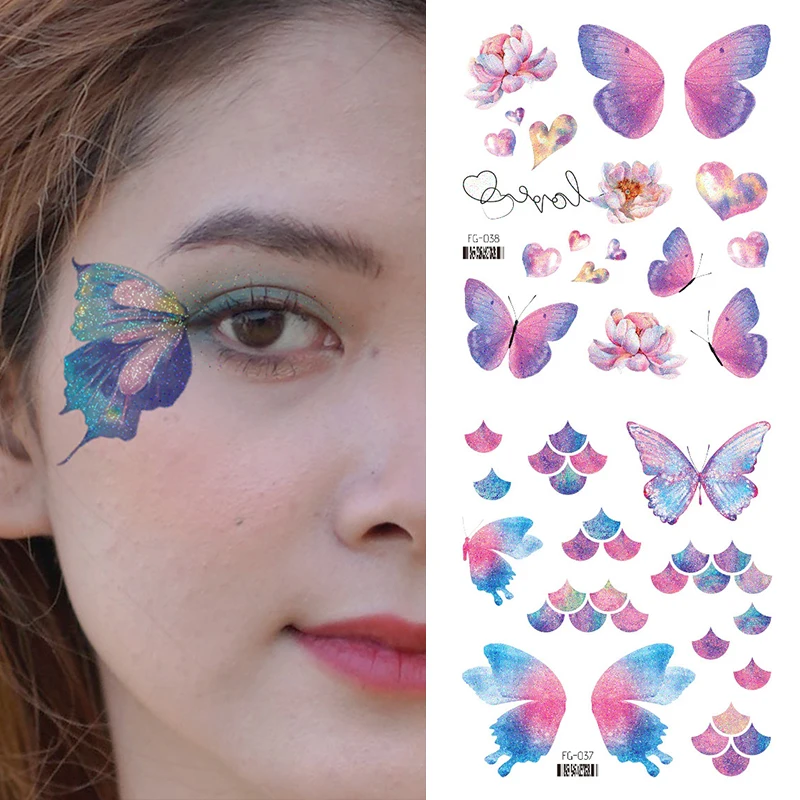 Tatuajes de mariposa 3D para mujer, pegatina temporal de arte corporal, tatuaje de pluma de flor rosa, tatuaje falso impermeable