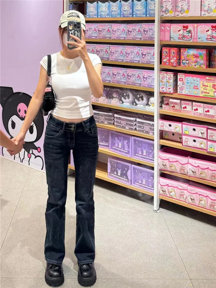 American Style Vintage Low Waist Bell Bottom Jeans Women's Spring Autumn Slim Fit Elastic Tall Extended Floor Length BM Pants