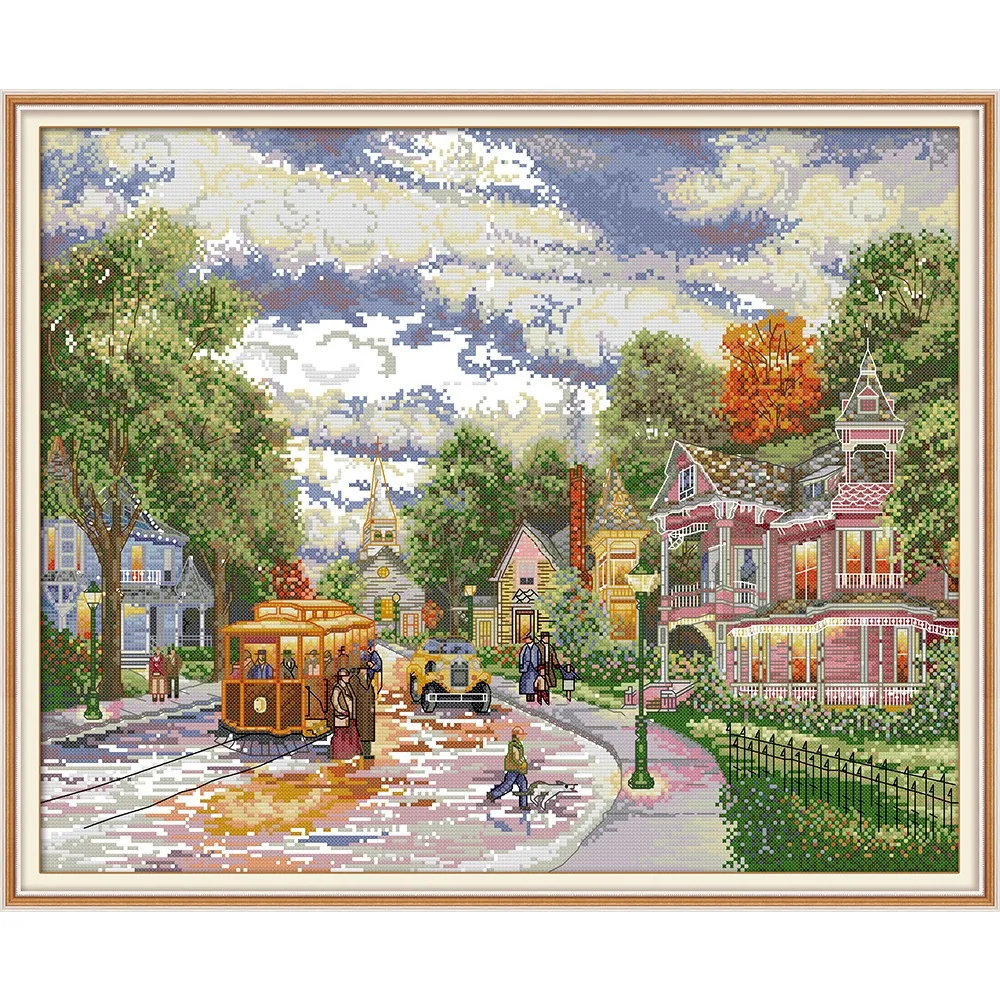 

Soulgift News Pre-Printed Cross Stitch Kit,Stamped Aida Fabric with DMC Threads,Embroidery kit - Town Evening