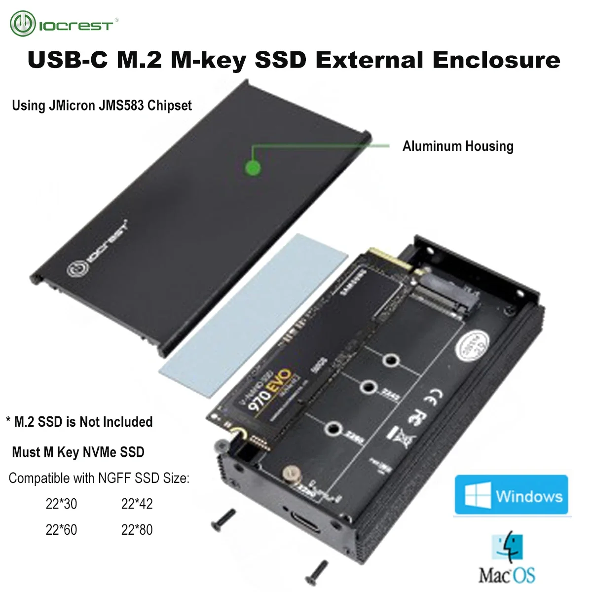 

IOCREST Корпус для жесткого диска USB 3.1–M.2 NVMe JMS583 Чип Type-c USB-C Ngff M-key SSD Внешний корпус с чехлом для мобильного телефона