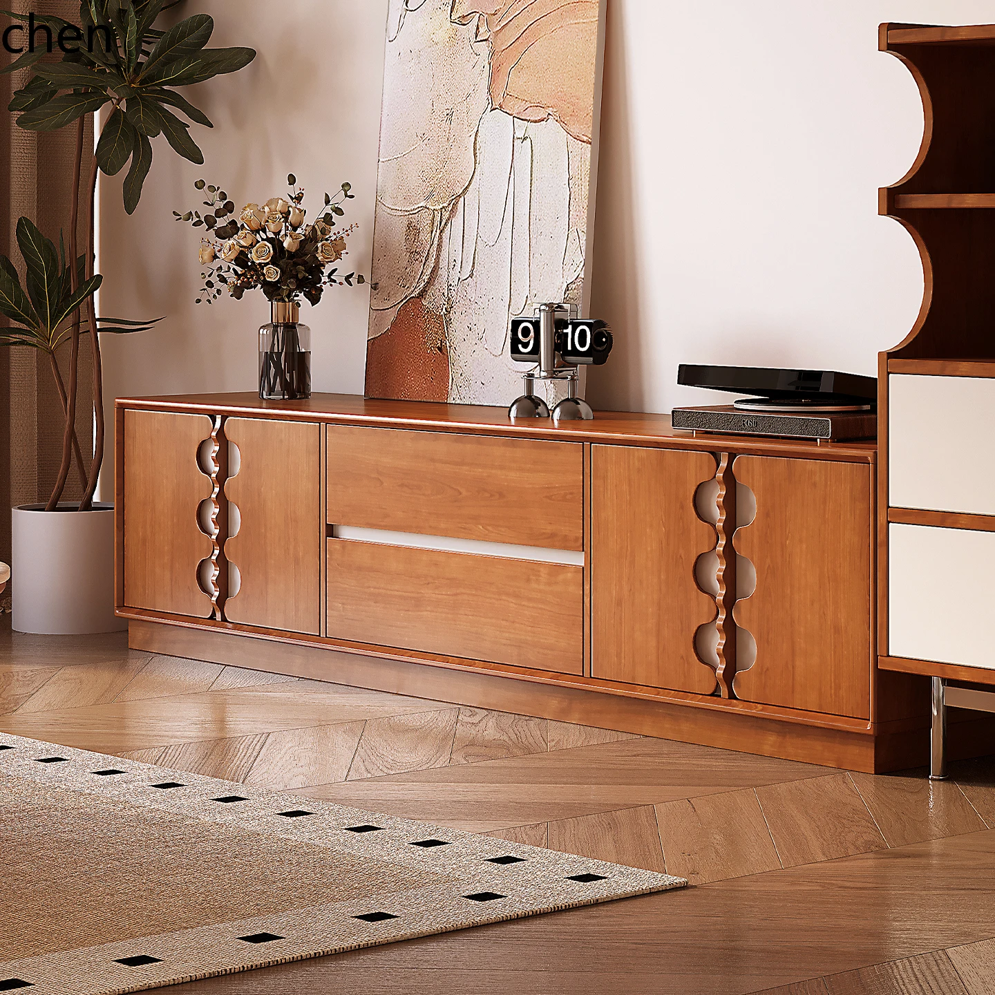 

QZT solid wood TV cabinet living room home floor cabinet retro furniture combination