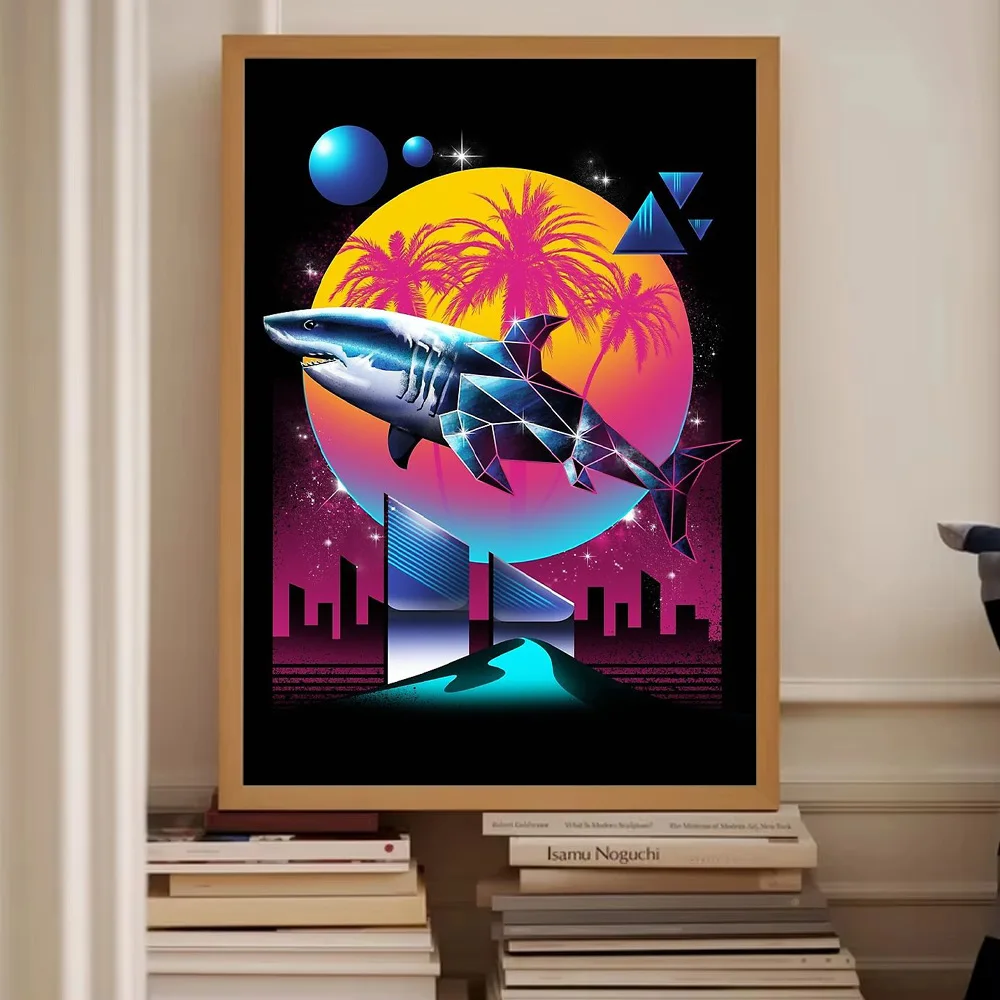 القرش قماش جدار الفن المحيط الغروب Cyberpunk المشهد طباعة Vaporwave الجمالية غرفة ديكور خمر اللوحة الرجعية هدية