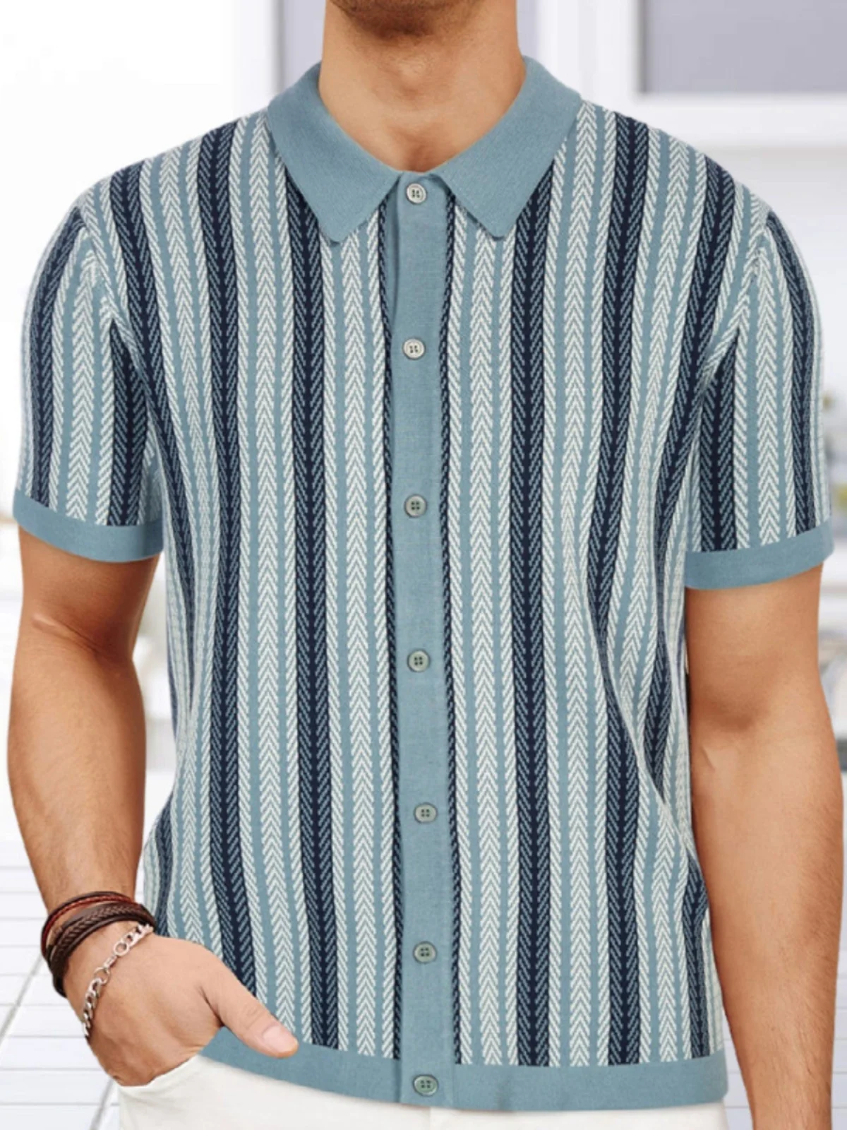 

Мужская летняя вязаная футболка с коротким рукавом в полоску, модный повседневный топ в европейском стиле для универсального использования