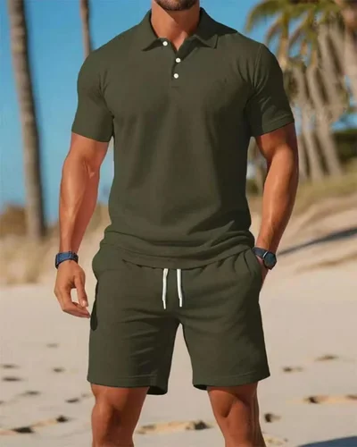Imagen 2 del producto 2025Conjunto de dos piezas de deportes de playa informales de negocios para hombre, conjunto de pantalones cortos deportivos con cintura elástica y cordón, solapa de control de acceso con botones