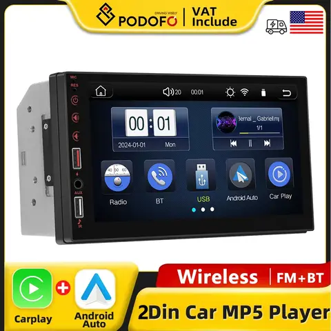 Podofo 7" 2din Wireless CarPlay MP5 Player Wireless Android Auto Universal Head Unit FM Stereo HD Touch Screen Multimedia Player