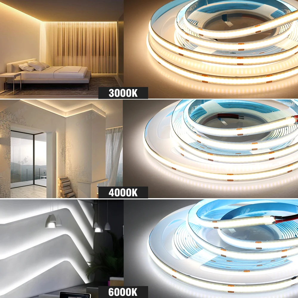 Linear LED Light Strip With High Density COB 12V 24V 3000K/4000K/6000K Light For Home Decoration - 5 Meters/roll