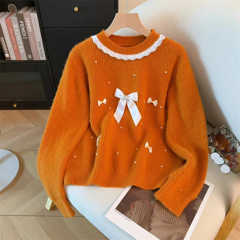 여성용 퍼플 O넥 풀오버 리본 스웨터 빈티지 점퍼 니트 긴 소매 캐시미어 스웨터 가을 겨울 2000년대 의류