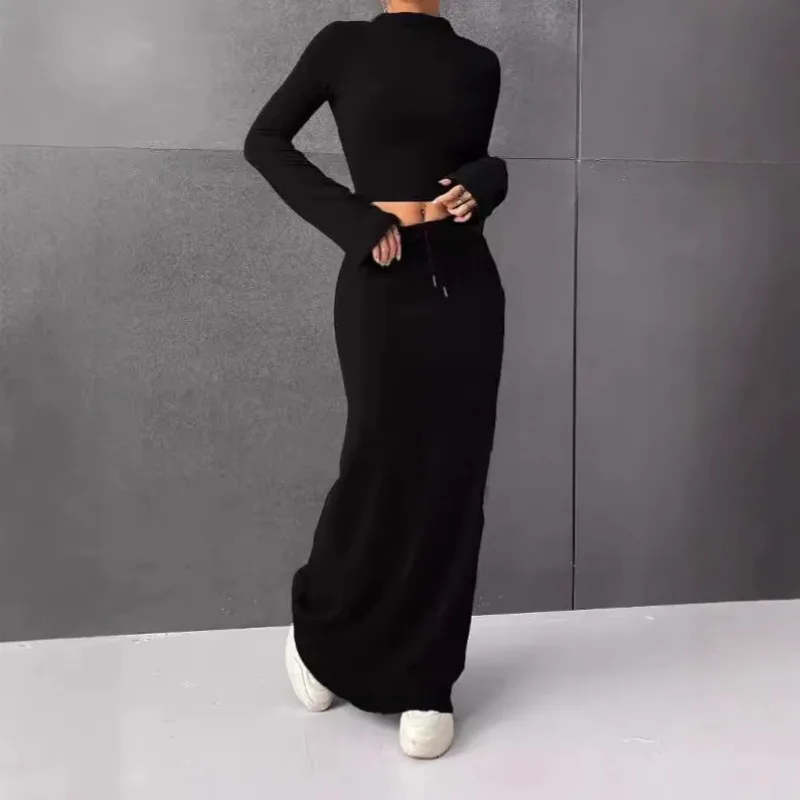 2026 Neues Y2K-Set für Damen, bauchfreies Top und Rock, Glockenärmel-Pullover, hohe Taille, Lounge-Rock, 5 Farboptionen, zweiteiliges Outfit