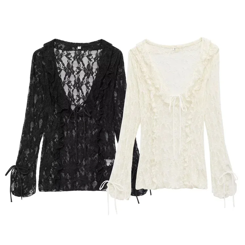 Women's Chic V-Neck Long Sleeve See-Through Solid Color Top Y2K Fashion Summer Sexy Layered Lace Top Transparent Clothing