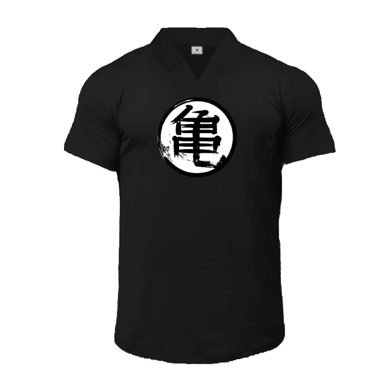 

Japanese Anime Turtle Script Short Sleeve T-shirts Summer Cotton Fitness Sports Polos Mens Casual Gym Bodybuilding Polo Shirts