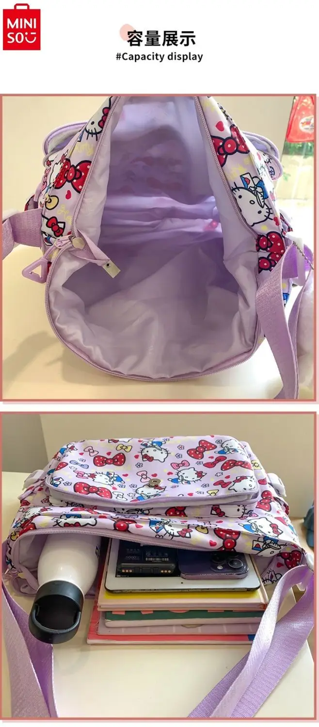 MINISO 2024 New Cartoon Hello Kitty Large Capacity Nylon Crossbody Bag Student High Quality Storage Handheld Tutorial Bag