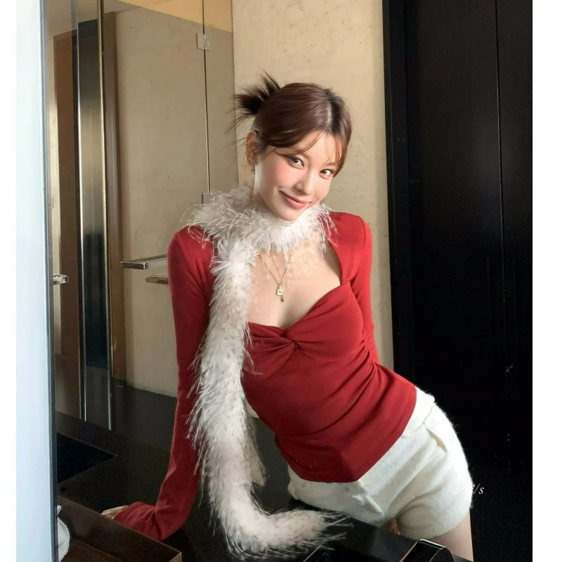 

Long-sleeved T-shirt Twisty Generous Collar for Women's 2026 Autumn Fashionable Sexy Top That Accentuates Slimming The Figure