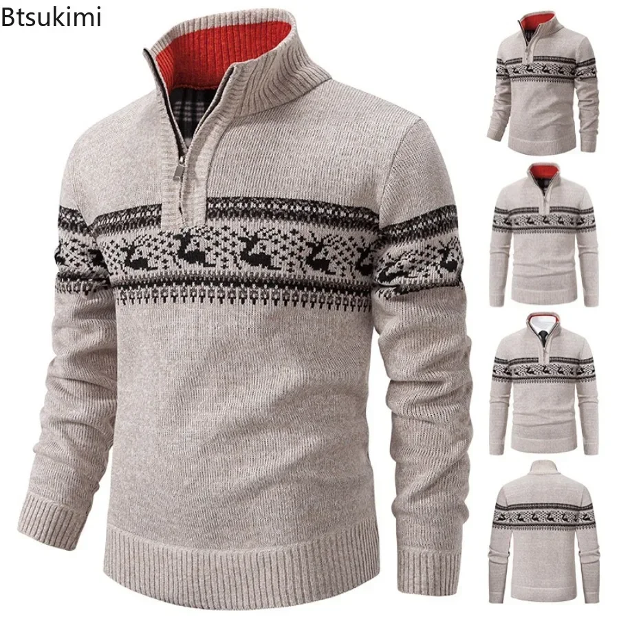 

New 2025 Autumn Winter Men's Casual Jacquard Half Zipper Sweater Pullovers Fashion Long Sleeve Mock Neck Knitted Sweater for Men