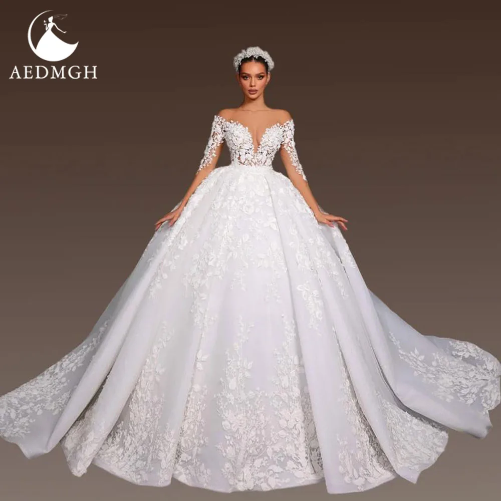 

Aedmgh бальное платье принцессы свадебные платья с открытыми плечами Vestido De Novia кружевные аппликации королевские свадебные платья на заказ