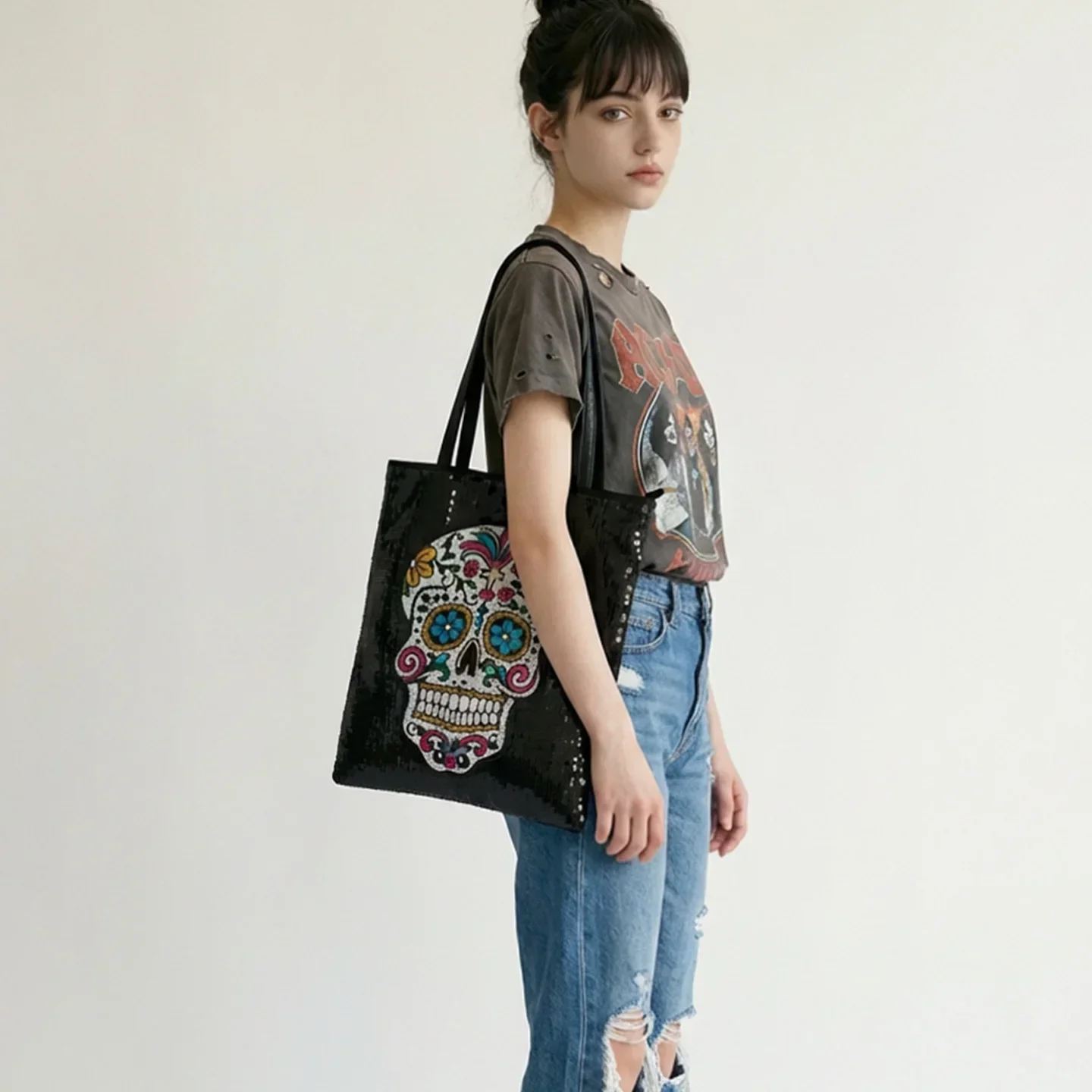 

Women's Sugar Skull Pattern Novelty Shoulder Bag New Gothic Style Personalized Handbag Storage Bag Party Casual All match Bag