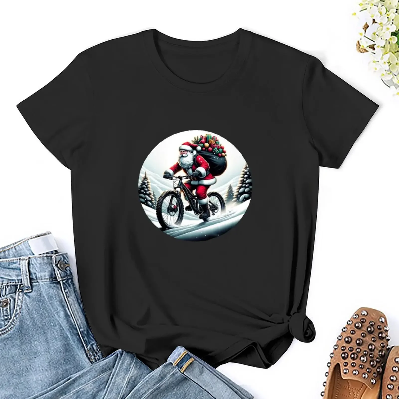 Santa Downhill: Mountainbike Abenteuer T-Shirt Anime Kleidung süße Tops einfache T-Shirts für Frauen