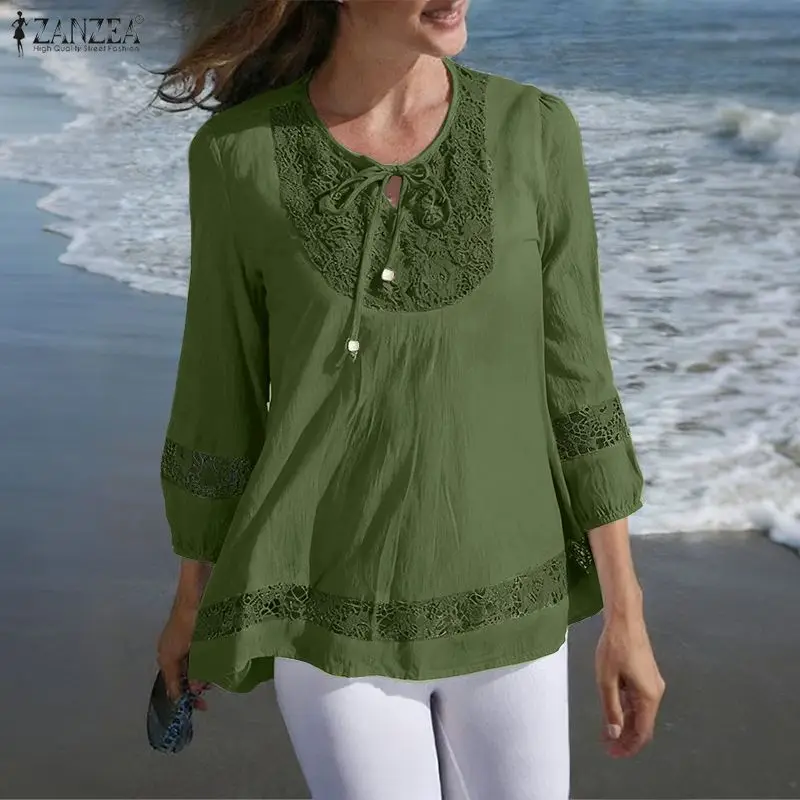 

ZANZEA большие размеры, женские кружевные лоскутные хлопковые блузки, осенние богемные однотонные женские топы на шнуровке с круглым вырезом и рукавами 3/4, L-5XL