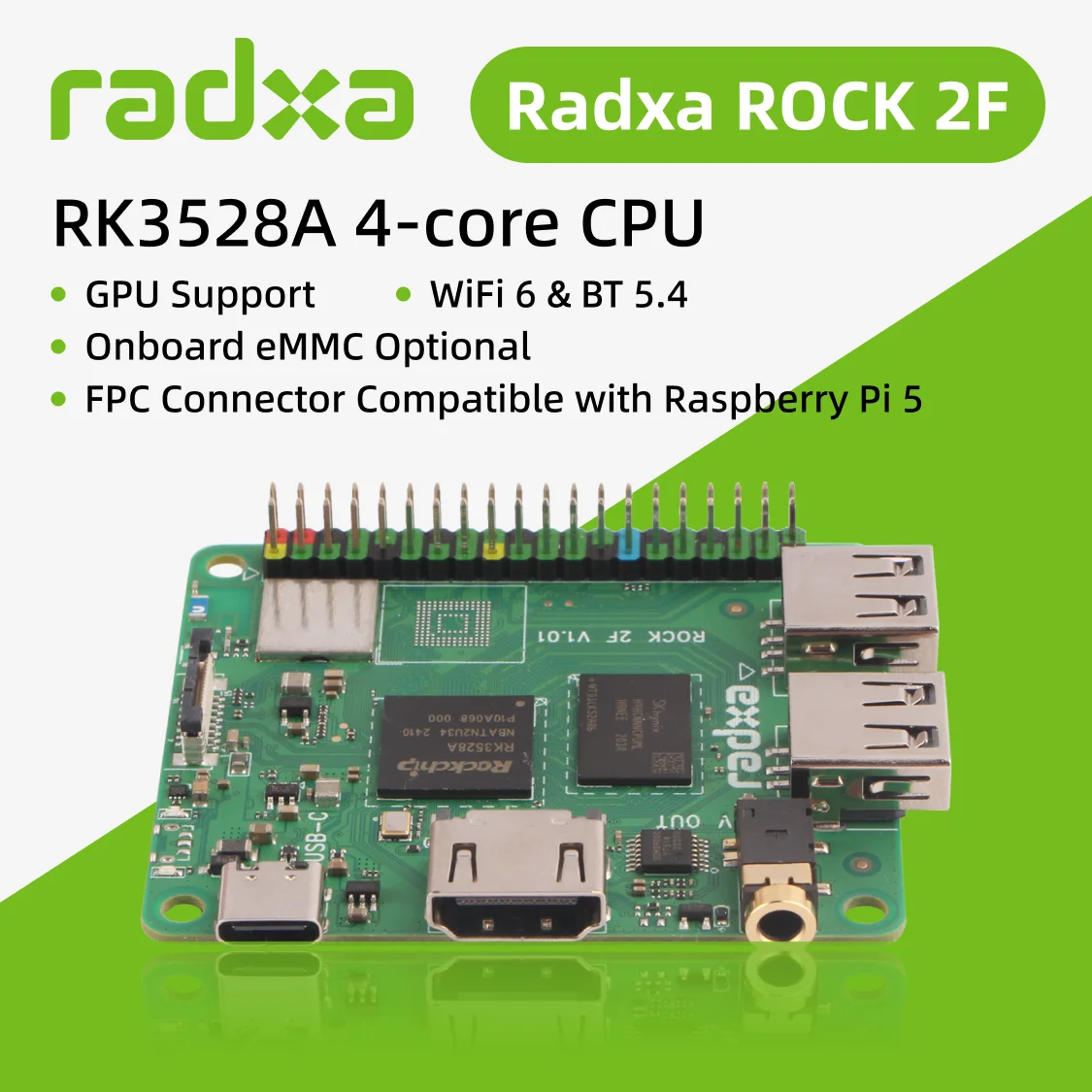 Radxa ROCK 2F RK3528A 4-core CPU, GPU, and HDMI with 4K Output