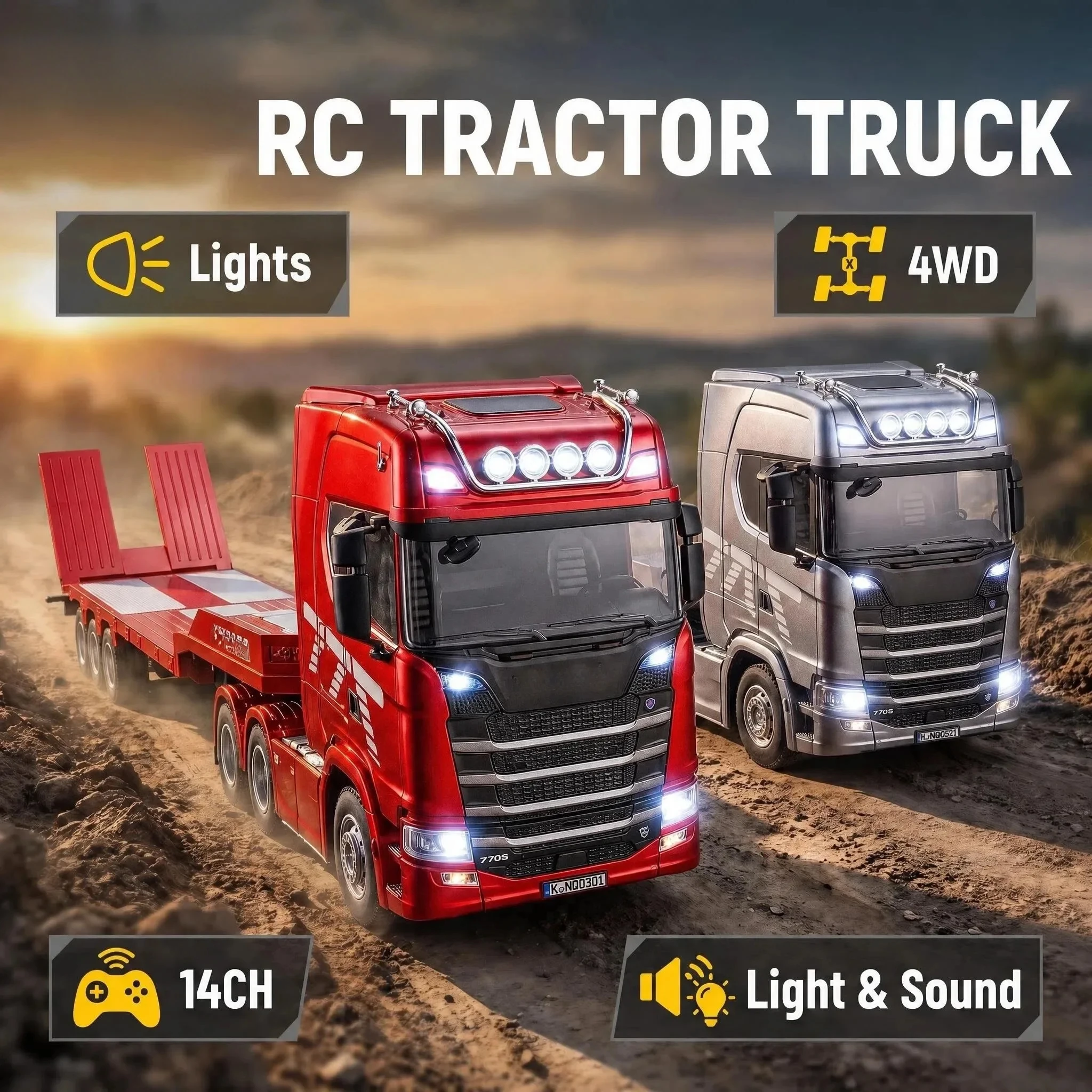 HUINA 1302A 1:24 RC Tractor Truck With Lights & Sound 14CH 4WD Heavy-duty Truck Alloy Heavy Truck Trailer Model Toy For Kid Gift