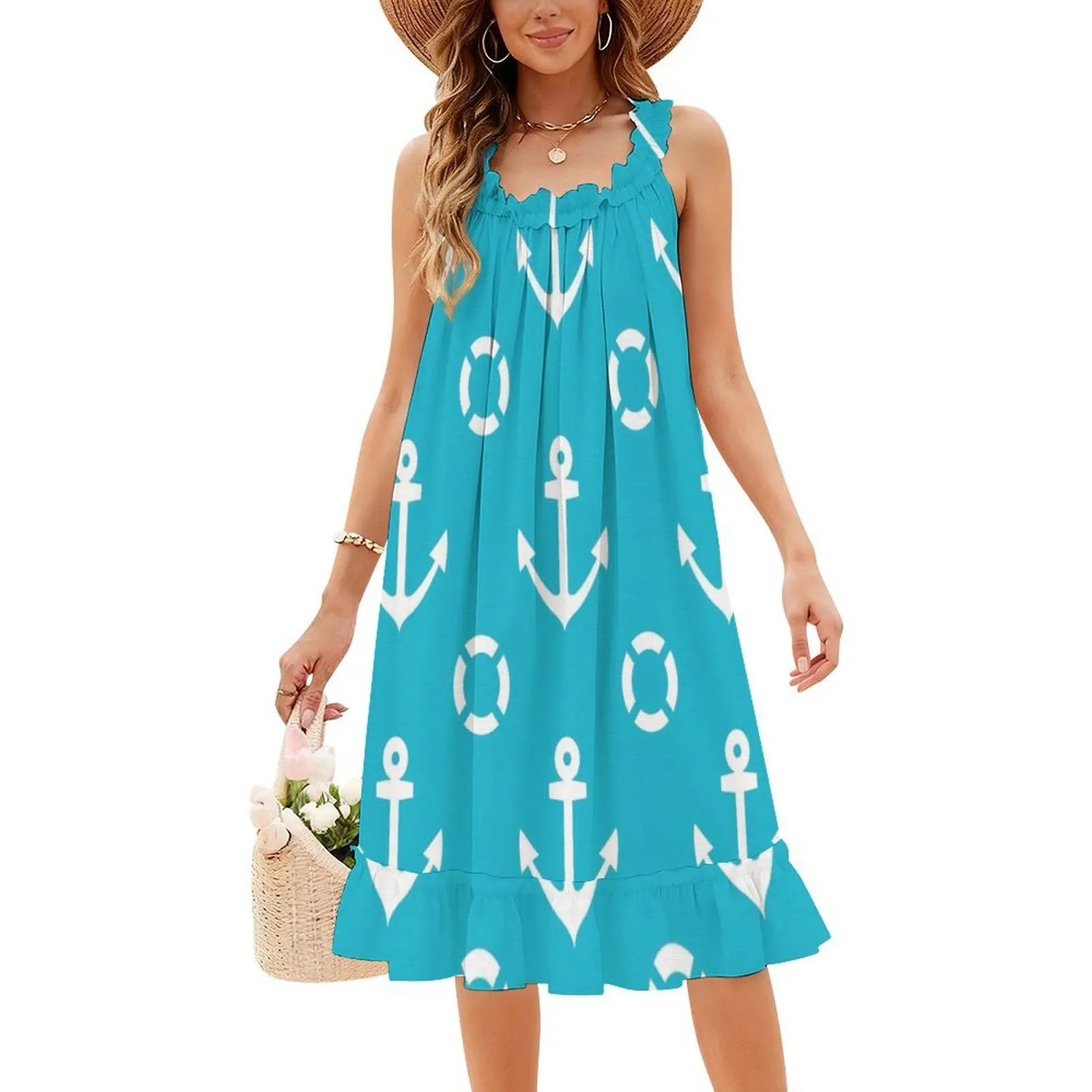 المراسي Aweigh البوهيمي فستان بلا أكمام متعدد طباعة شاطئ عطلة فستان الحفلات البحرية مرساة قارب البحر المحيط المياه طوف الإناث #4