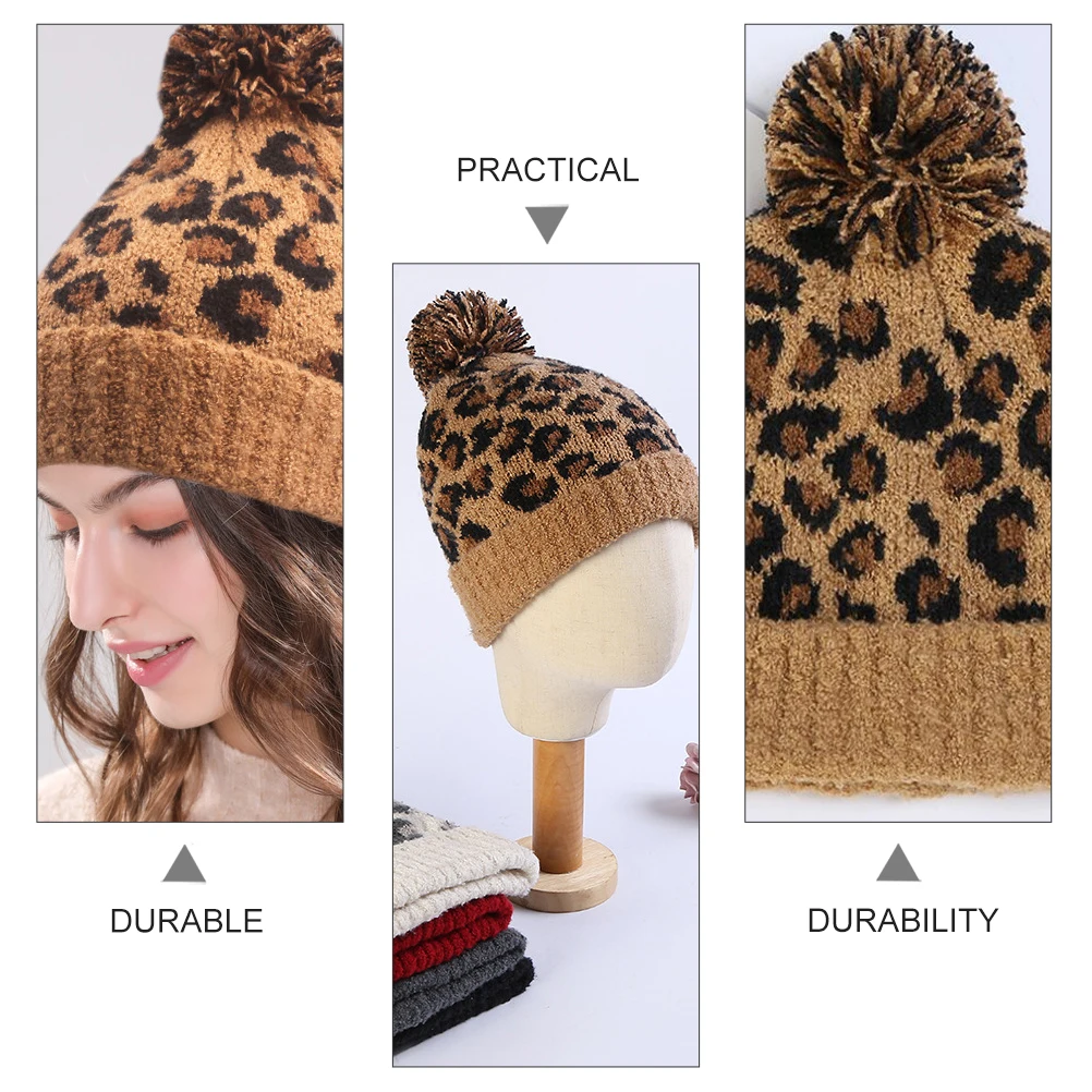 

Winter Knitted Hat Leopard Print Cover Furry Women's Hats & Caps Woolen Soft