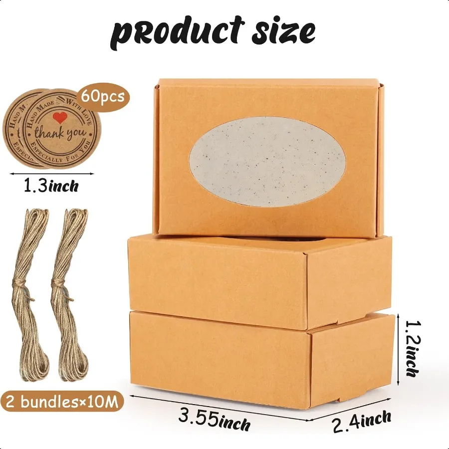กล่องสบู่สำหรับสบู่ทำเอง 60 ชิ้น ขนาด 3.55 x 2.4 x 1.2 นิ้ว กล่องบรรจุภัณฑ์สบู่ขนาดเล็ก กล่องสบู่คราฟท์พร้อมหน้าต่าง กล่องของขวัญสบู่ขนาดเล็ก