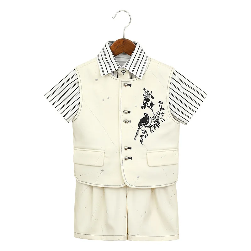 Traje Formal para Adolescentes con Bordado de Pájaro, Conjunto de Caballero para Boda, Fiesta de Cumpleaños, Camisa de Manga Corta, Chaleco y Pantalones Cortos, 9-12 Años