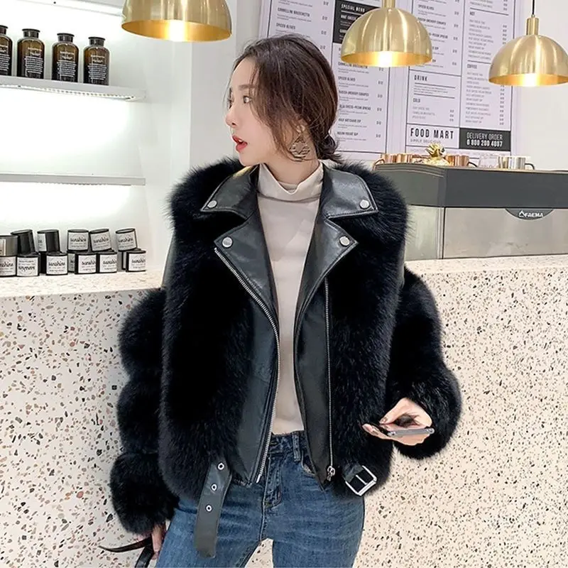 Black New imitation fox fur grass Jacket For women Motorcycle Short Slimming Fur Coat Female Winter Warm Thick Zipper Jackets