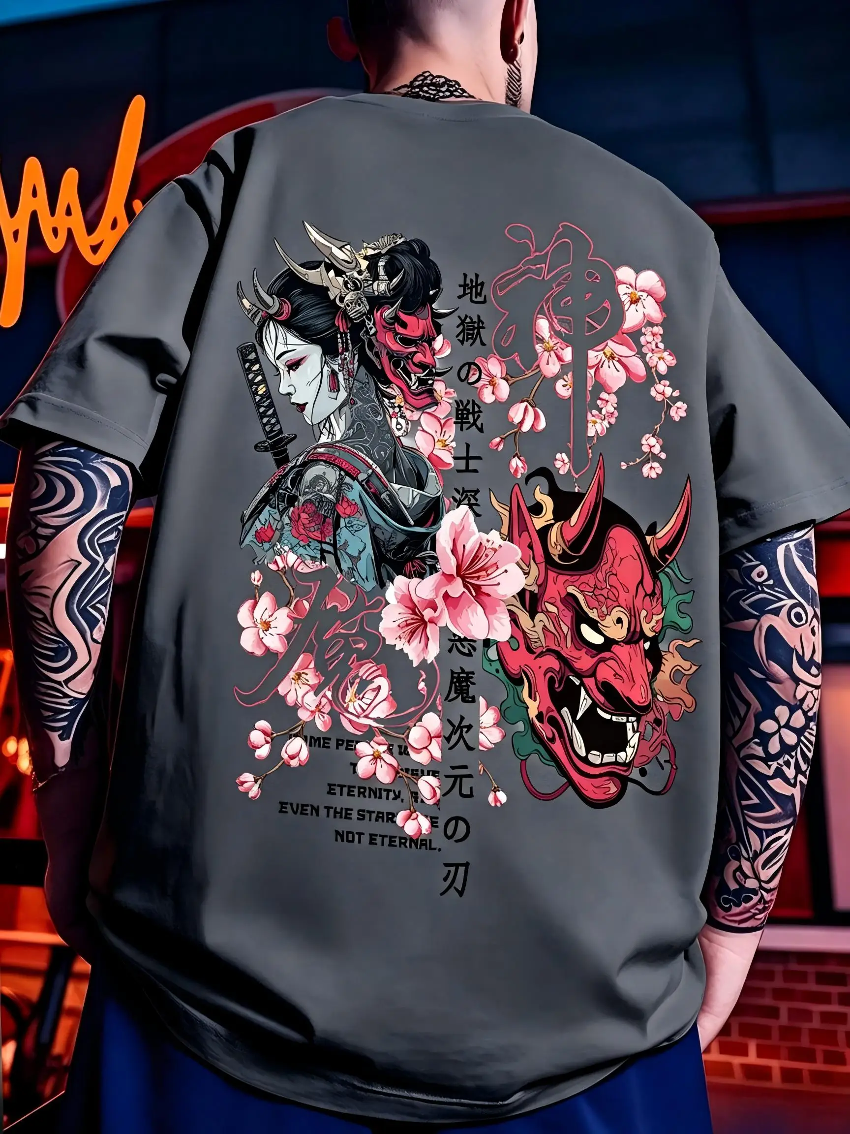 New American style men's summer ghost dancer mask print, soft and breathable round neck T-shirt outdoor urban street top