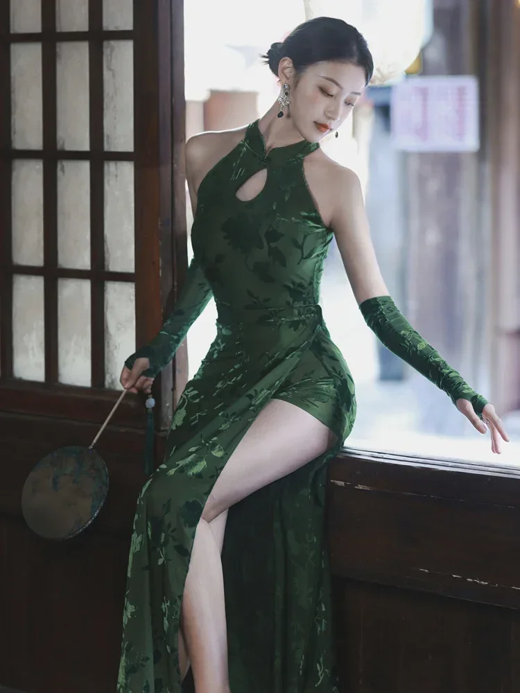 

Dark Green Long Dress for Women, Chinese Style, Cheongsam Sheath Hole, Sleeveless, Sexy Evening Party Dress, Summer 2022