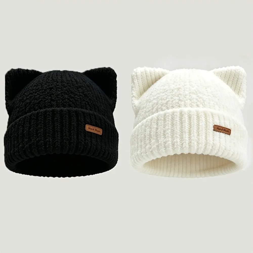Kpop Style Solid Color Cat Ear Beanie Windproof Soft Warm Ribbed Knit Cap Cat Ear Beanie Cap Casual Streetwear