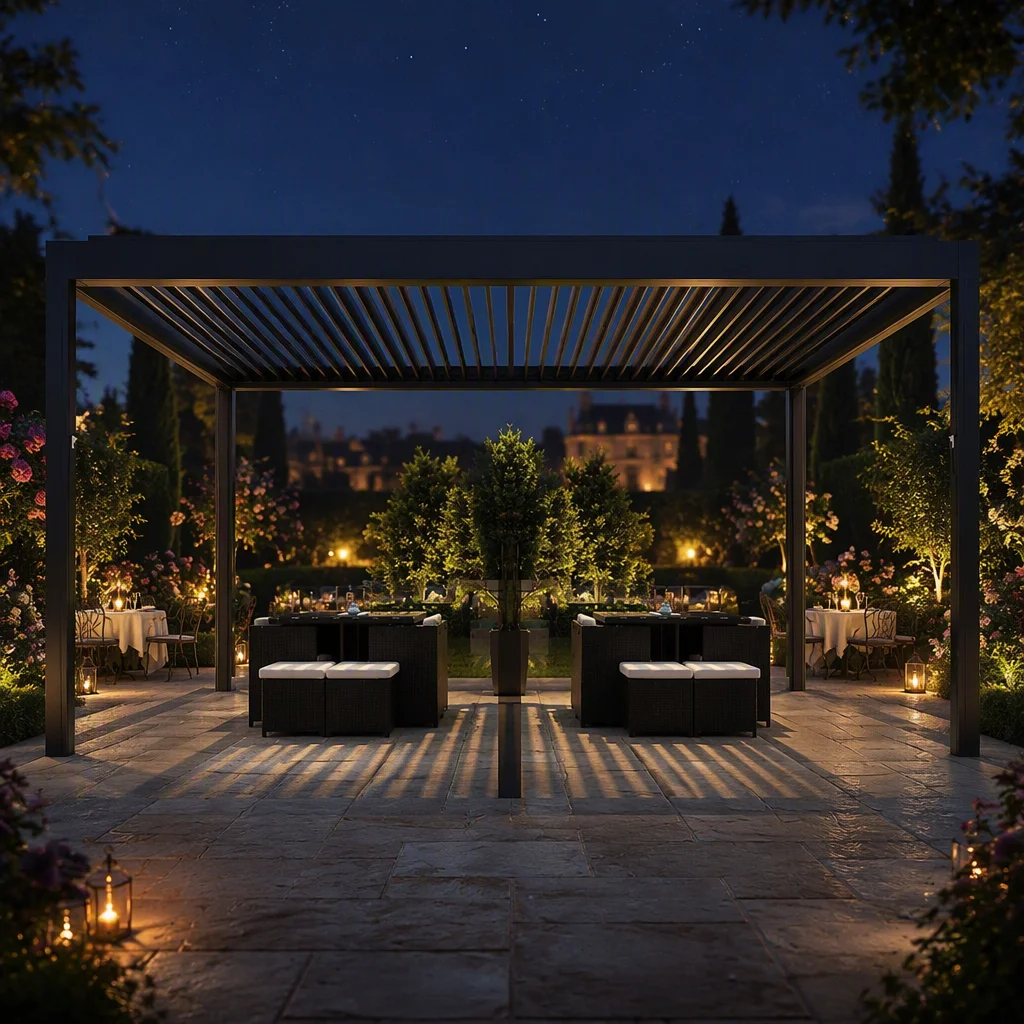 Louvered Waterproof Powder Coated Motorised Pergola System Gazebo With LED Light Eco-Friendly & Nature Inspired